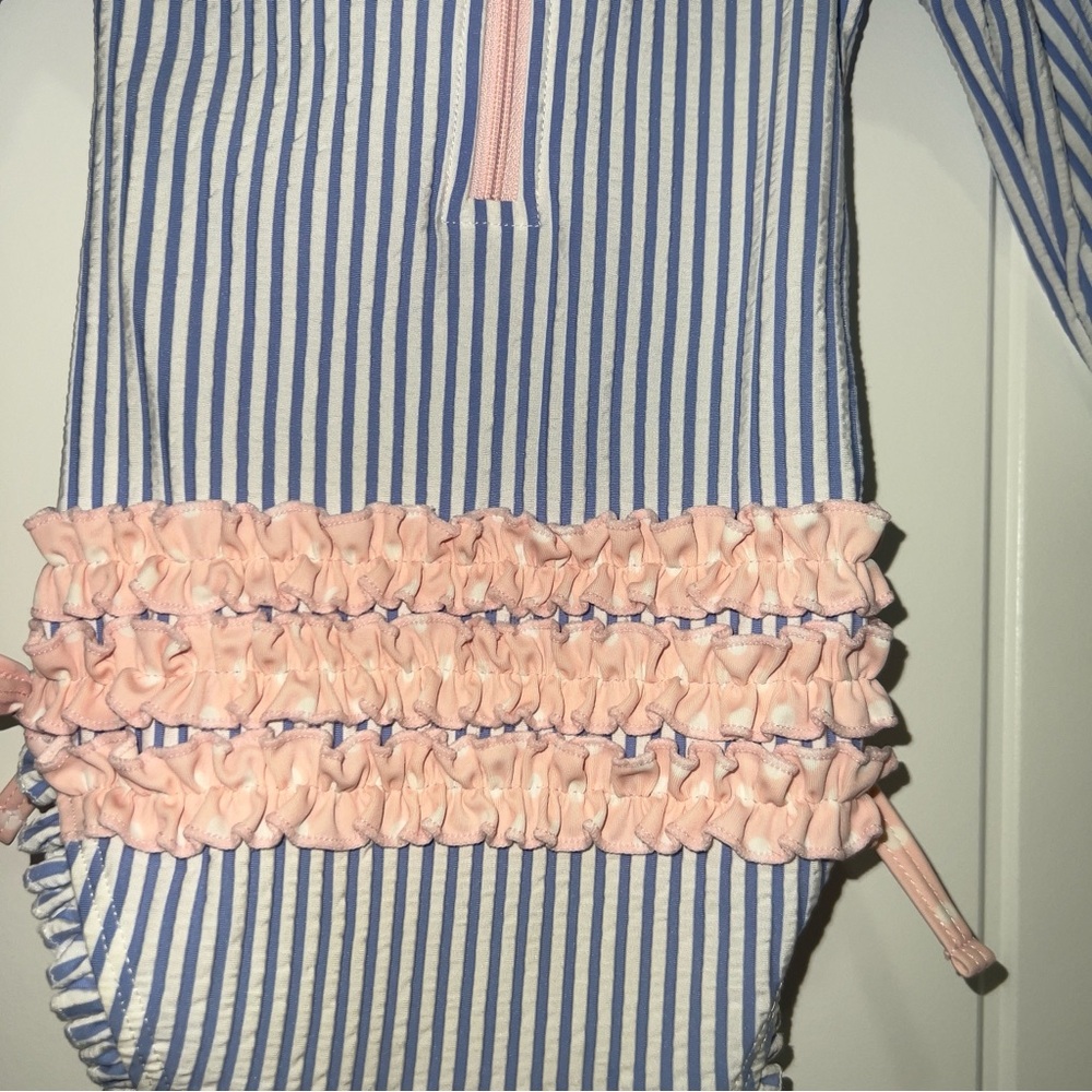 Ruffle Buffs Baby Blue Striped Rash Guard One-Piece Swimsuit Size 6-12 Months - Picture 4 of 5